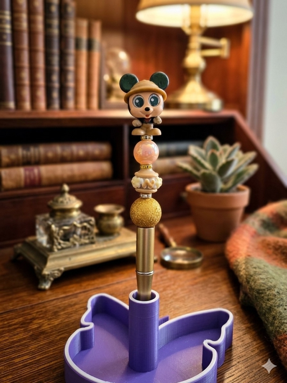 Cute Micky Mouse Beaded Pen in Green, Gold Color